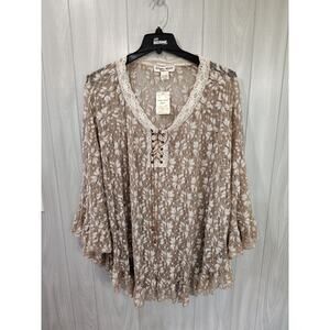 Studio West Cream Tan Lace Poncho Top Ties Sz 1X Ruffle Sheer Western Festival